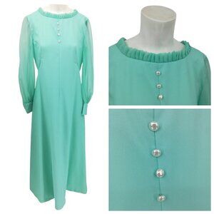 Vintage 70s Sheer Sleeve Maxi Formal Dress Size M/L? Blue Pearl Ruffle Handmade
